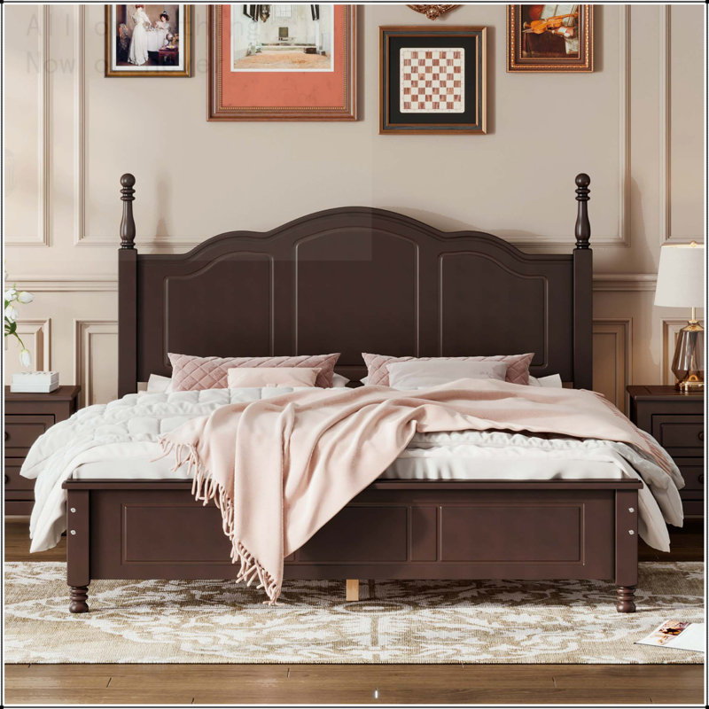 Grand lit plateforme rétro avec support en lattes de bois, Queen, Walnut