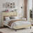Metal and Wood Full Size Platform Bed Frame, Soft Beige, With Integrated Charging Station, No Box Spring Required For Residential Bedroom Use