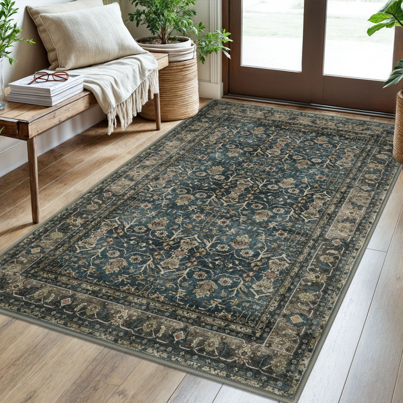 Tapis tribal à motif floral lavable à la machine avec envers antidérapant pour le salon de la chambre à coucher, Bleu/brun