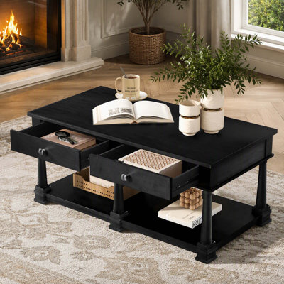 Rectangular Wooden Coffee Table, Solid‑Wood Legs, Two Built‑in Storage Drawers and Bottom Open Shelf , Functional Cocktail Center Table for Living‑Roo