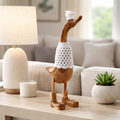 Sculpture décorative en bois de canard - Décoration fantaisiste pour décoration de bureau ou de salon - 20 po, brun et blanc