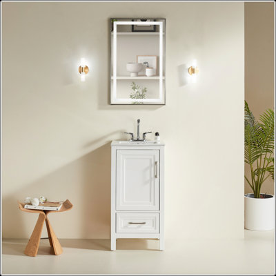 Armoire de salle de bain autoportante blanche entièrement assemblée de 18 po avec plateau en céramique, portes à fermeture en douceur et deux poignées