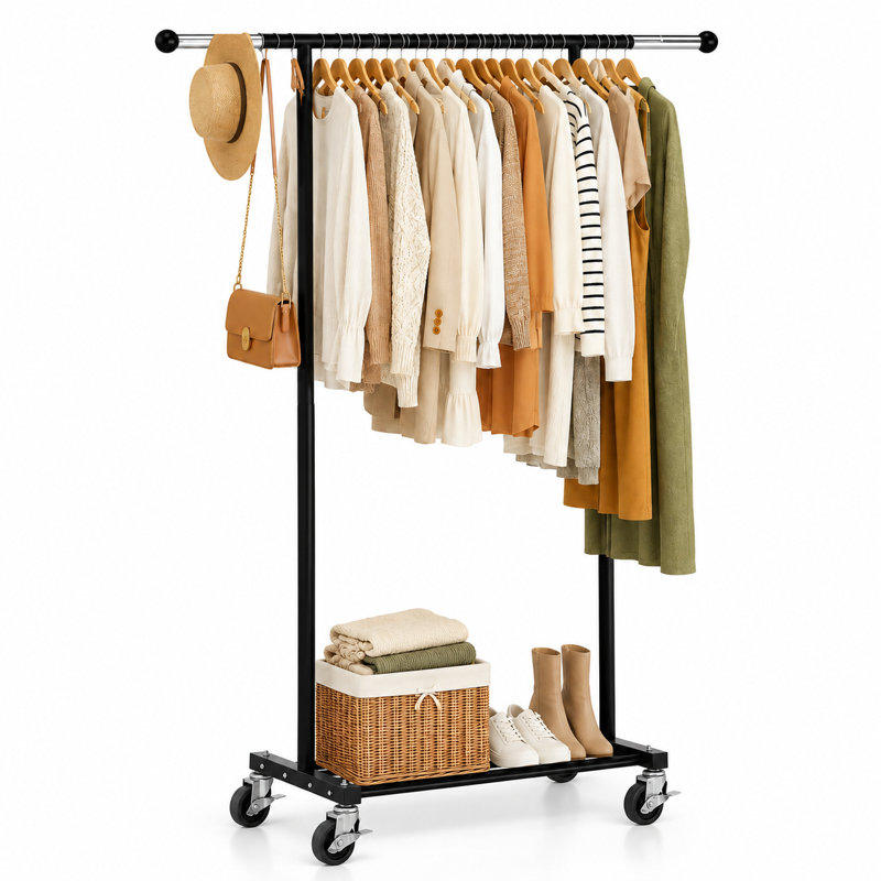 Porte-vêtements ajustable en métal 51 "avec roulettes et roulettes, convient aux appartements, noir