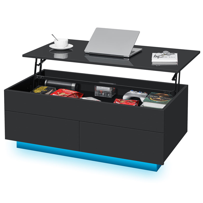 Black Rectangular Wood Lift-Top Coffee Table with Storage and LED Lights