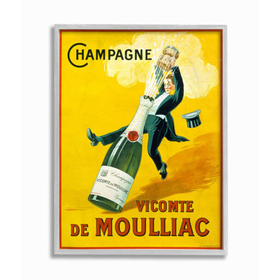 Vintage Illustration Champagne Vicomte de Moulliac Pop Bottle Gray Farmhouse Rustic Framed Giclee Texturized Art by Marcus Jules