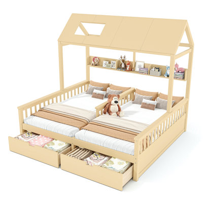 Double Twin Platform Bed, Natural Finish, Playhouse - Inspired Structure, Built In Storage, Support Over House Natural, With Shelves And Drawers, Solid Construction, For ' Rooms