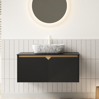 , Meuble-lavabo de 36 po, lavabo à motif en marbre blanc, surface en pierre frittée noire, clapet flottant à fermeture en douceur, meuble-lavabo et lavabo, vasque en céramique rectangulaire, pierre, conception d'armoire en sergé
