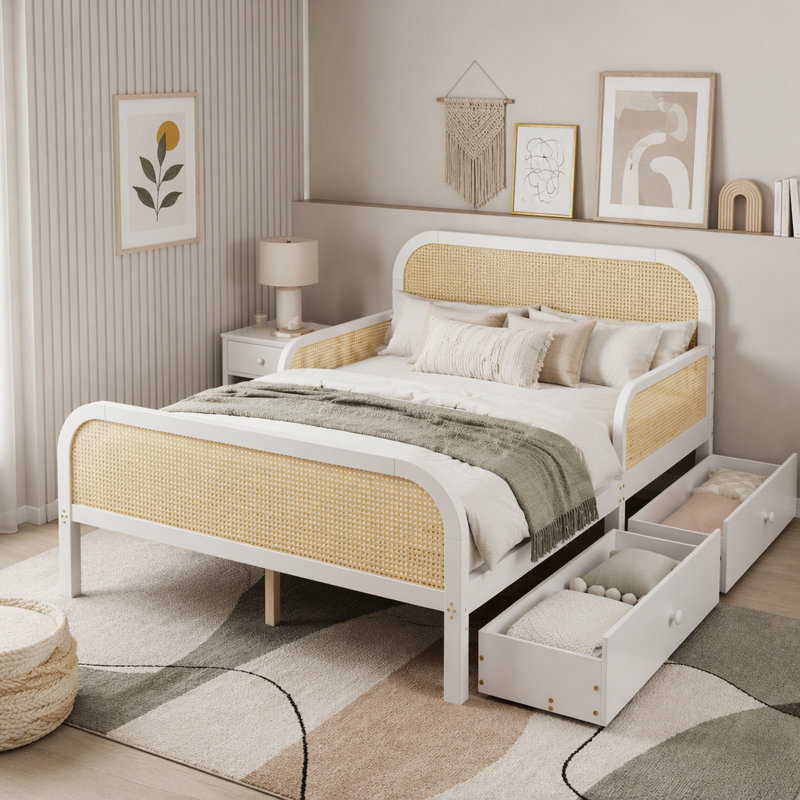 Lit plateforme en rotin avec tête de lit, pied de lit et tiroirs de rangement, Blanc, Double