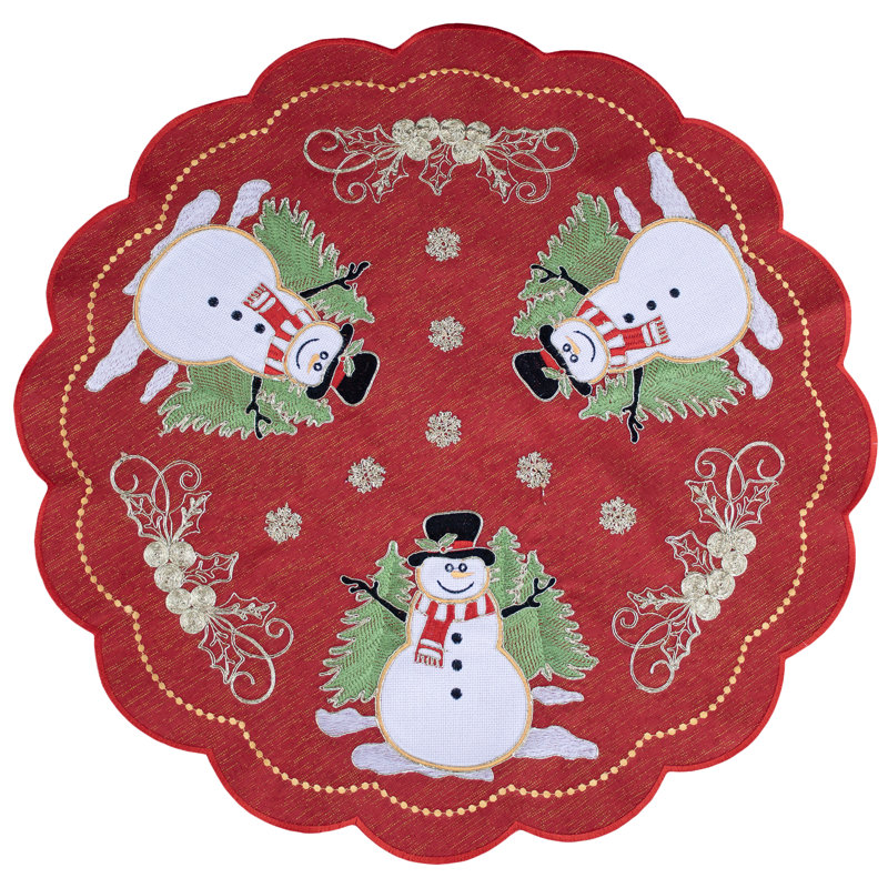 Napperon rond rouge de 61 cm (24 pouces) avec bonhommes de neige et volutes pour les fêtes