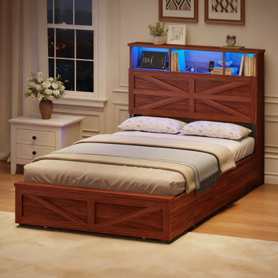 Wood Twin Bed Frame with 5 Drawers and Spacious Storage Headboard Farmhouse LED Metal Platform Bed with Charging Station No Boxing Need