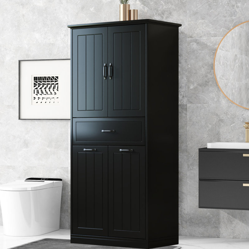 Armoire à linge avec deux paniers à linge avec deux sacs en tissu, armoire de rangement avec portes et tiroir