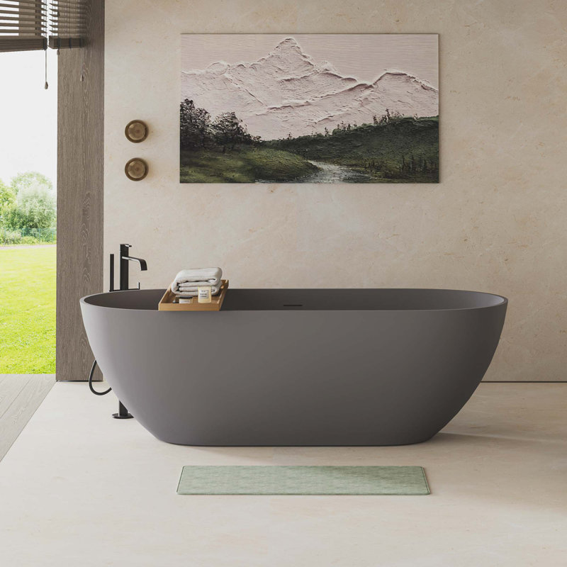 Baignoire d'ingénierie de surface solide de 63 po avec trop-plein et bonde escamotable, Gris