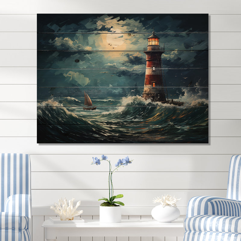 Phare sur mer orageuse I - Phares sur bois, H 10 po x l 20 po x P 0,78 po