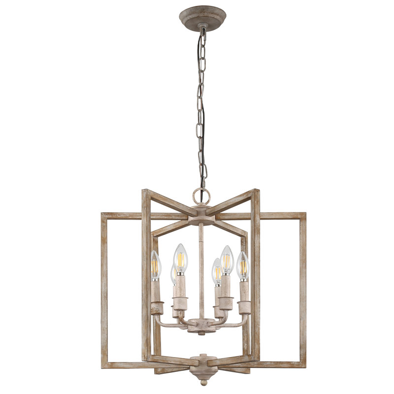 6 - Light 15.7" Cottage Distressed Wood Chandelier, Height Adjustable Farmhouse Geometric Chandelier