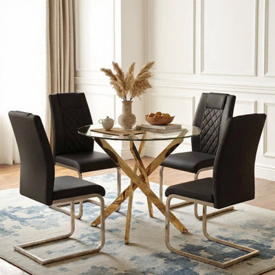 Table de salle à manger ronde en verre pour 4 | 35,5 "table de cuisine moderne chaises en cuir polyuréthane | Ensemble de salle à manger en verre trempé pour petits espaces, appartement ou coin-repas