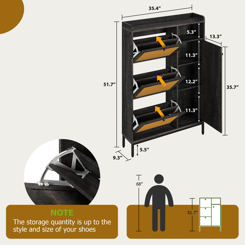 Range-chaussures à 4 niveaux avec 3 tiroirs rabattables, portes en rotin et tablette réglable, range-chaussures autoportant pour le vestibule