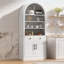 Bibliothèque cintrée avec armoire de rangement, bibliothèque d'exposition haute avec étagères réglables et portes de tiroirs, autoportante pour salon, bureau et salle de bain