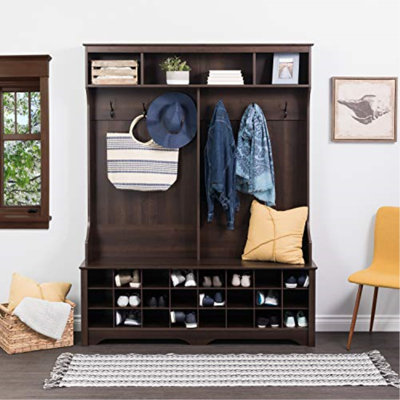Gracie Hall Tree 60'' Wide with Bench and Shoe Storage, Shoe Cabinet, Storage Cabinet with 24 Shoe Cubbies and 6 Double Coat Hooks 15.5" D x 60" W x 77" H, Espresso