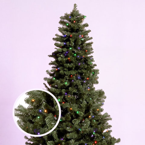 Artificial Christmas tree with multi-colored LED lights and a zoomed-in circular inset highlighting the branch and light detail.