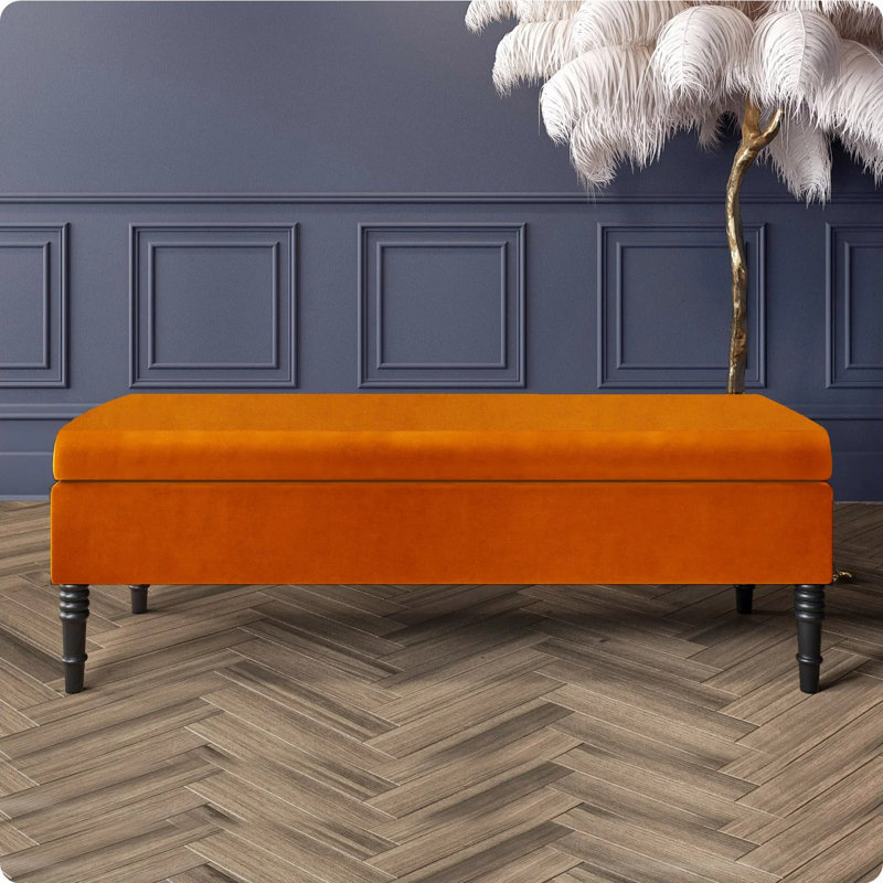 Safar Plain Upholstered Plush Velvet Ottoman Storage Bench with Black Turned Wooden Legs, Burnt Orange