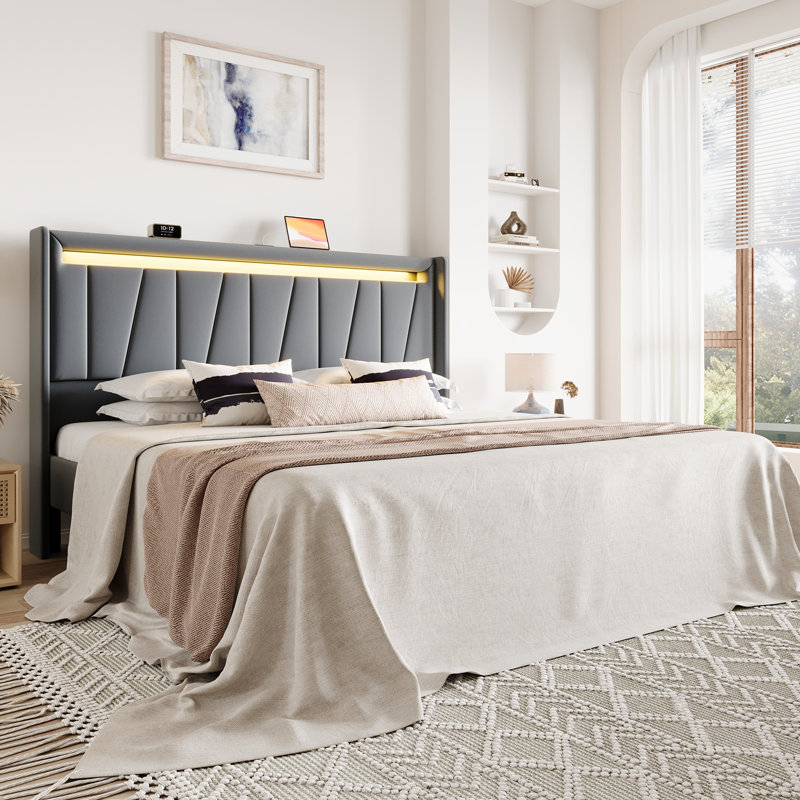 Modern Upholstered Bed Frame With RGB LED Lights, Charging Station & Geometric Wingback Headboard, Gray, King