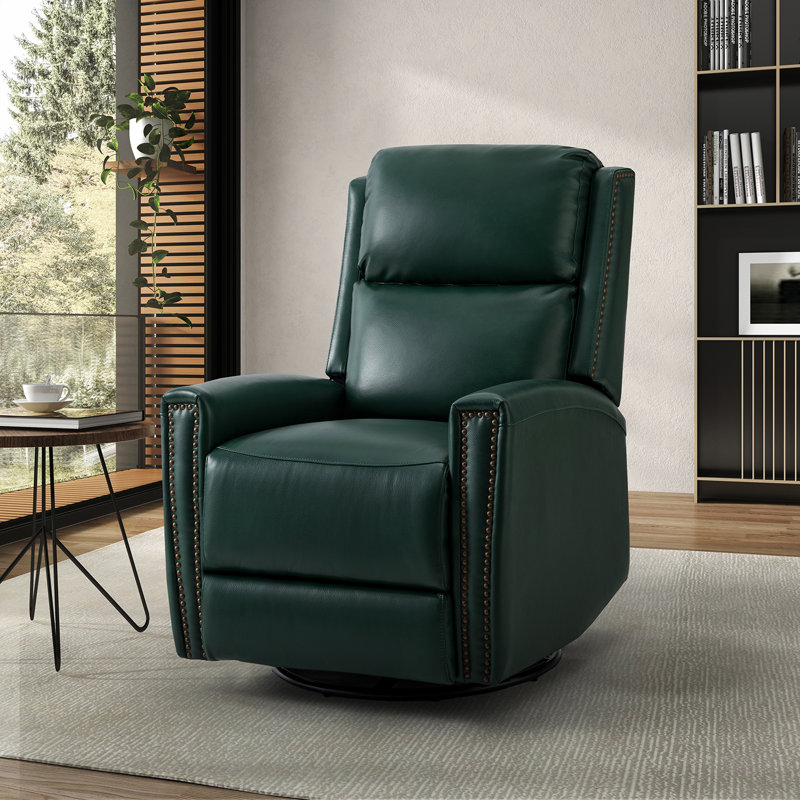 Chikako Genuine Leather Swivel Rocker Manual Recliner, Green Genuine Leather