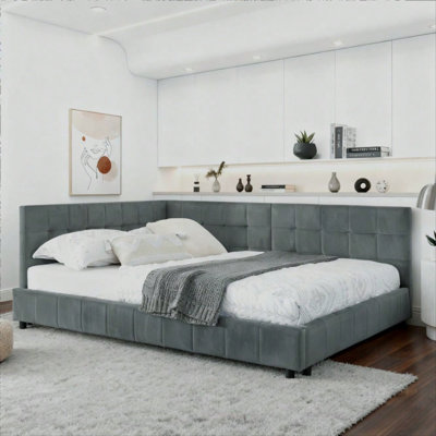 Full Size Upholstered Tufted Bed Frame, Sofa Bed Frame with Comfortable Backrest and Armrests, Full Size Bed for Bedroom, Living Room,Velvet, Grey(80.5''*59''*30.5'')
