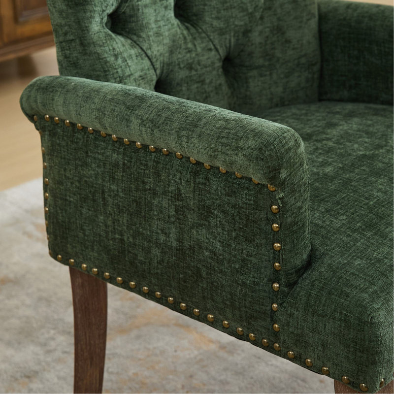 Chaise de salle à manger rembourrée en tissu de chenille, pieds courbés en bois massif, élégante chaise capitonnée de salle à manger avec accoudoirs de cuisine, paquet simple, vert olive, SW1895OL