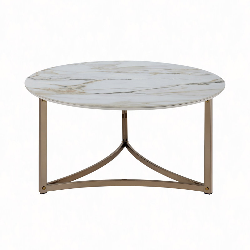 Table basse ronde en fritté avec plateau en pierre et champagne