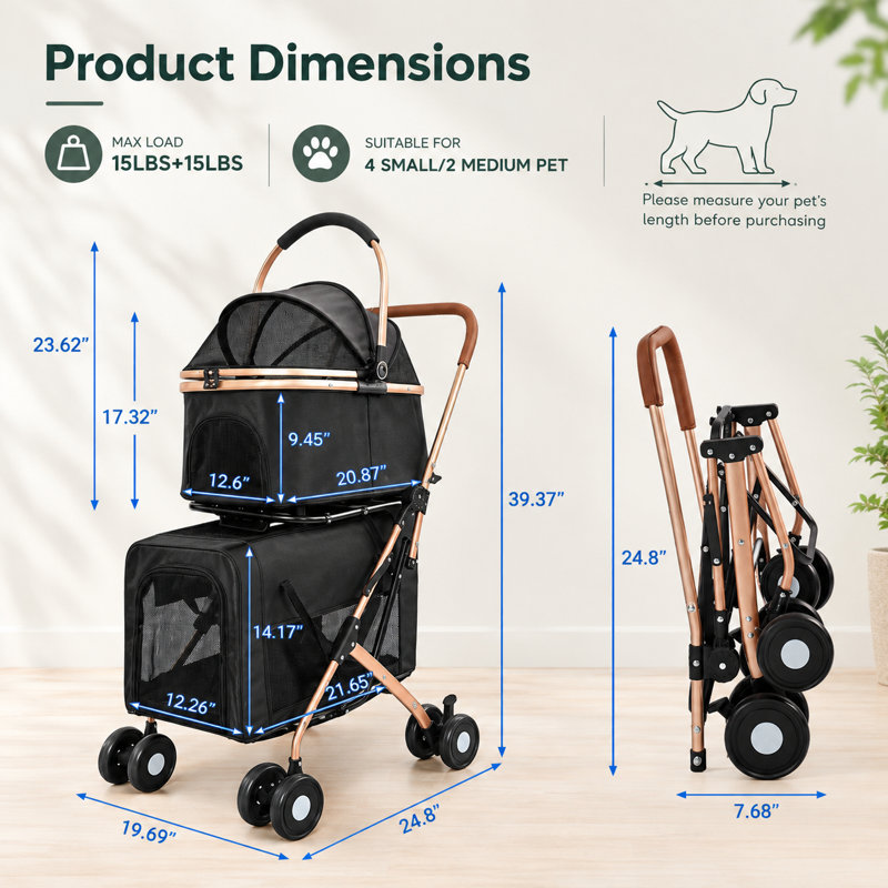 Poussette double pour petits et moyens chiens et chats, sac de transport pliable 3 en 1 avec sac de rangement, laisses de sécurité, rangement et roues verrouillables