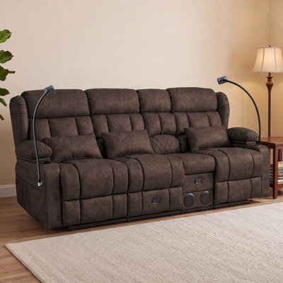4-Seater Manual Recliner Sofa with Console, Reclining Sofa with Bluetooth Speaker, Hidden Storage & Phone Holders, Home Theater Loveseat for Living Room