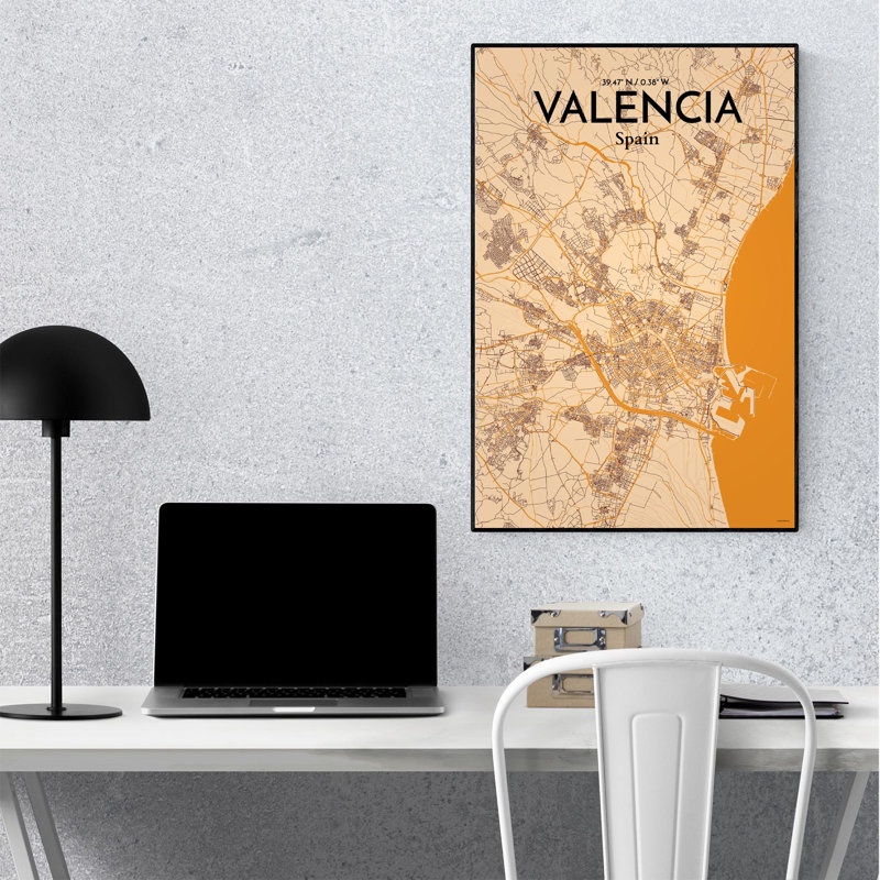Valencia, carte de la ville, impression, H 36 po x l 24 po, Orange / or pâle