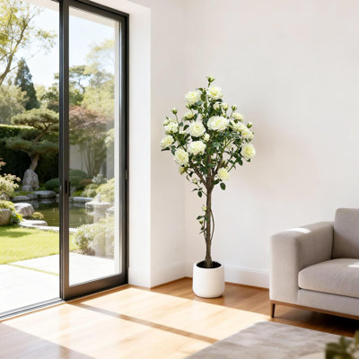 5FT Artificial White Rose Tree, Silk Flowers with White Planter, Maintenance-Free Decor