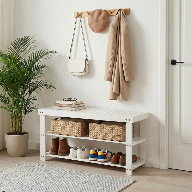 Bamboo Shoe Bench 90cm - Three-Layer Shoe Rack, Wooden Shoe Storage, Entryway Shoe Bench, Modern Shoe Rack, White