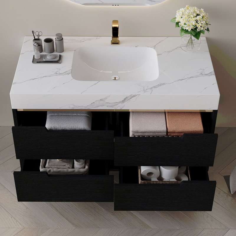 Meuble-lavabo moderne de 35,4 po avec lavabo sous comptoir, plateau en pierre frittée, bois massif multicouche imperméable, rangement à 4 tiroirs, autoportant / mural