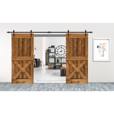 Porte de grange double à panneaux en bois et en métal avec trousse de quincaillerie d'installation Mini X Series