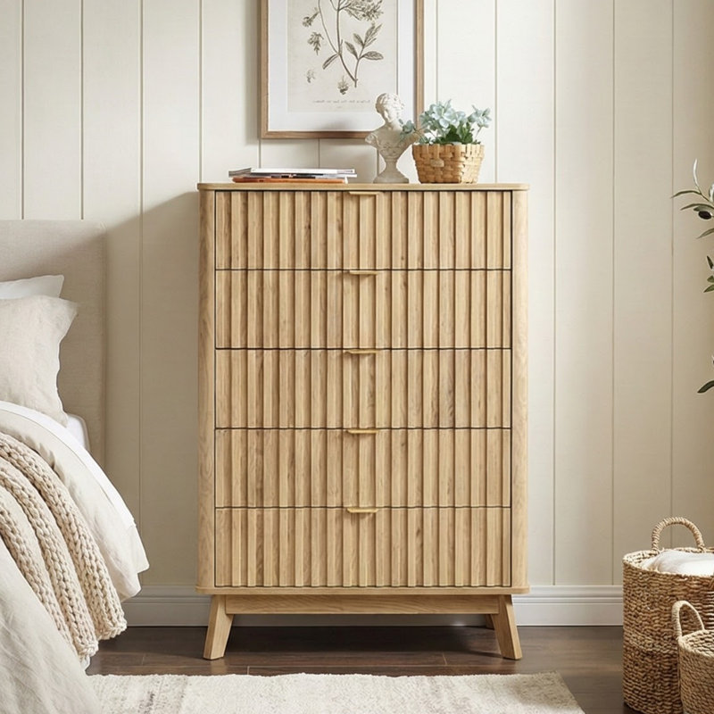  Fluted Fluted 5 Wood Dresser with Built‑In Anti‑Tip Stability System, 30.7" W Drawer Chest for Bedroom, Nursery or Hallway Storage Organizer