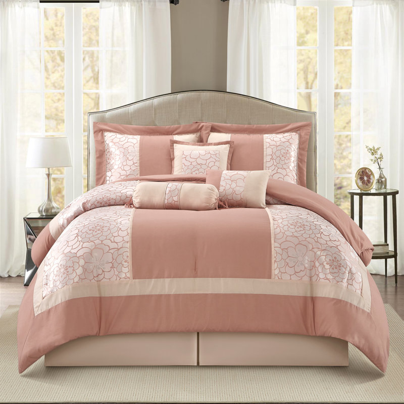 Ensemble d'édredon jacquard 7 pièces Sibyl, Édredon de très grande taille et 6 pièces suppl, Rosé