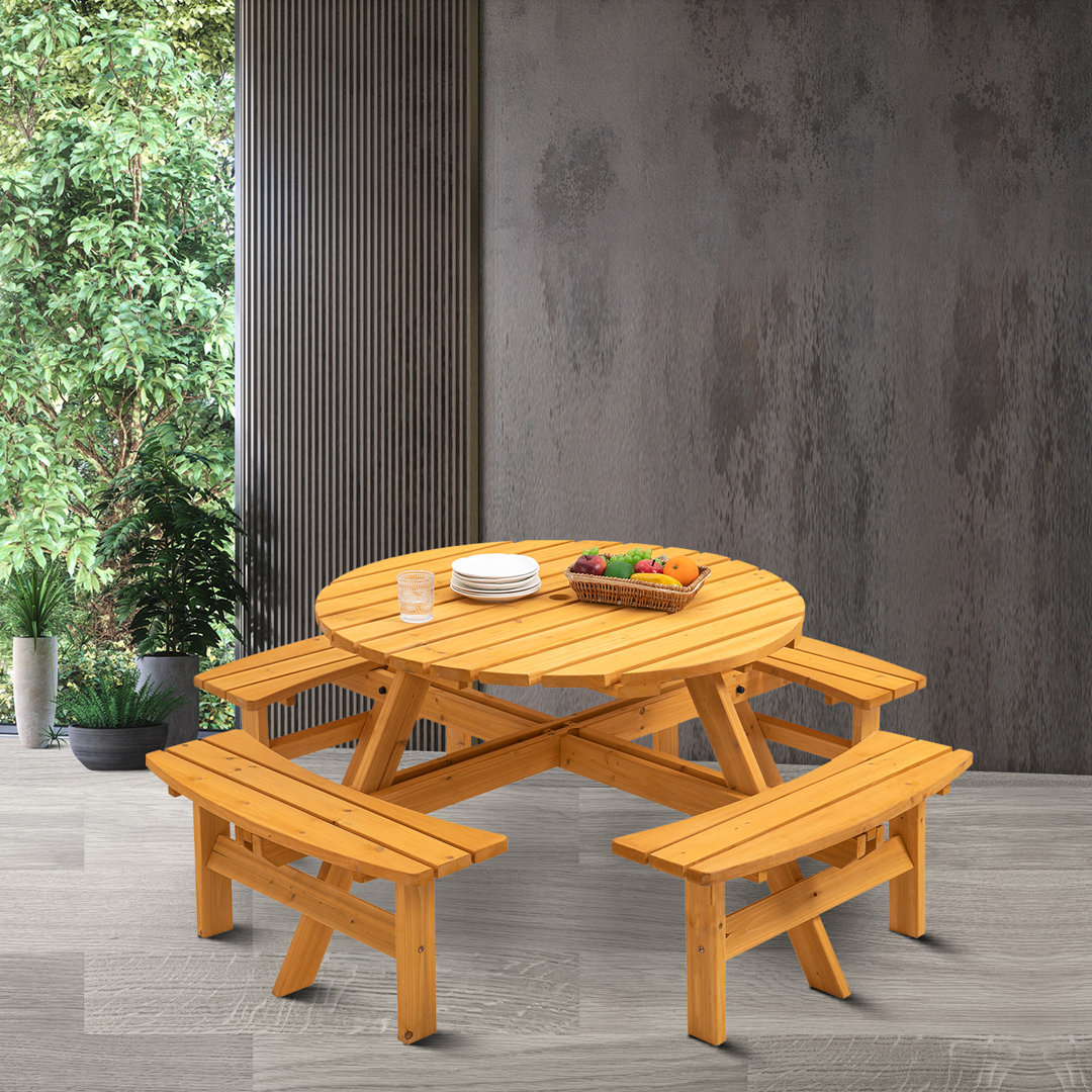 Raeis 70.05'' Outdoor Picnic Table with 4 Built-in Benches, Round Outdoor Table with Umbrella Hole , Seats Up To 8 Persons Arlmont & Co. 