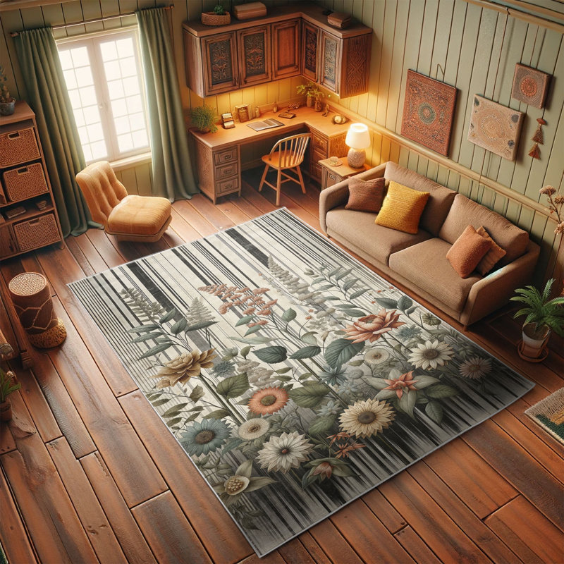 Botanical Blue and Salmon Synthetic Easy Care Area Rug 4' x 5' 5"