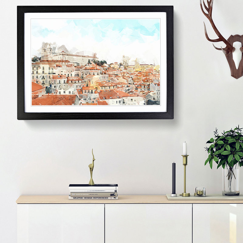 Alfalma Lisbon Portugal Skyline in Abstract - Picture Frame Graphic Art Print, 48cm H x 65cm W x 2cm D, Black Framed