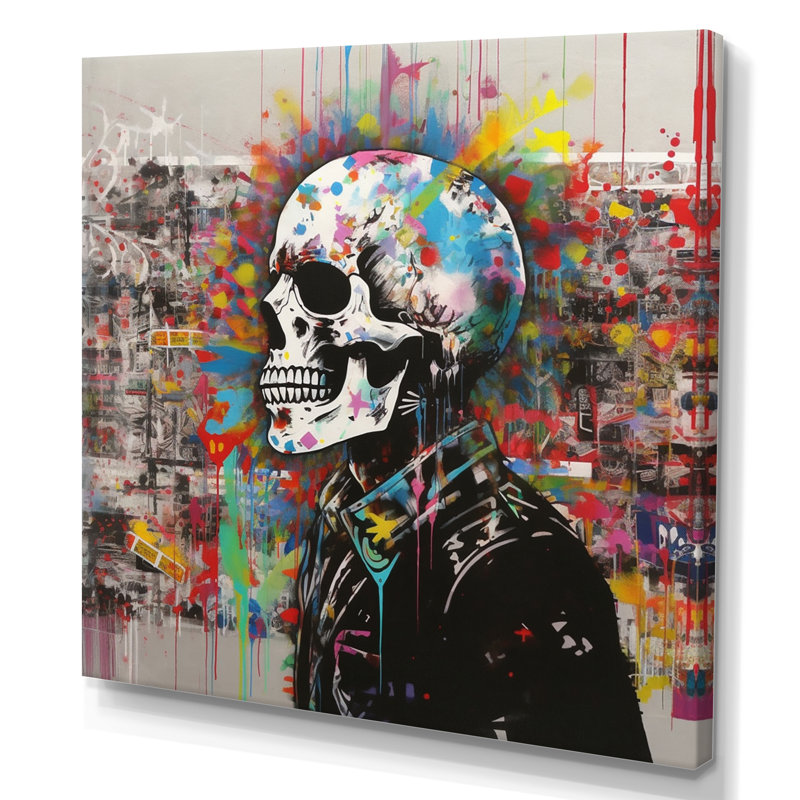 Edgy Skull Street Art II, reproduction d'art sur toile, H 24 po x l 24 po x P 1 po, Toile tendue