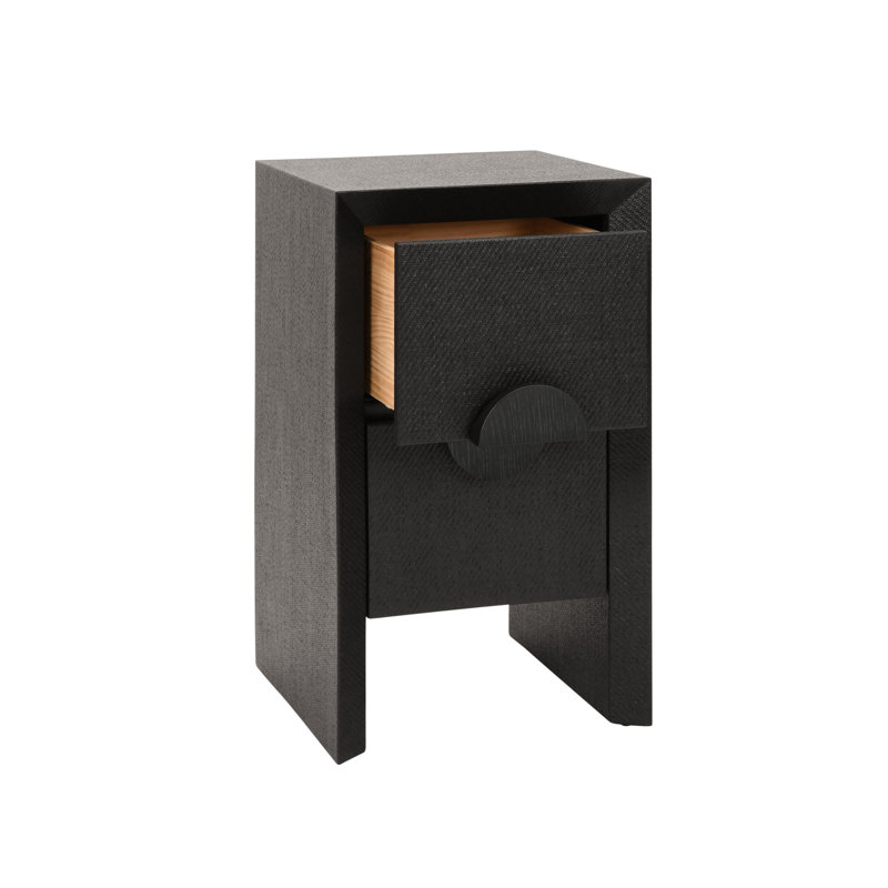 Two Drawer Small Side Table In Natural Grasscloth With Cerused Oak Handles, Black