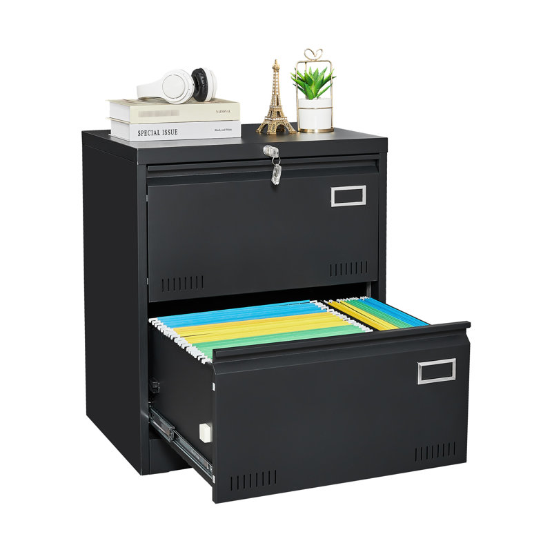 2 Drawer Metal File Cabinet With Lock - Black, Widened Drawers For Efficient Document Management, Office Use Filing Home Design Extra Storage, Secure