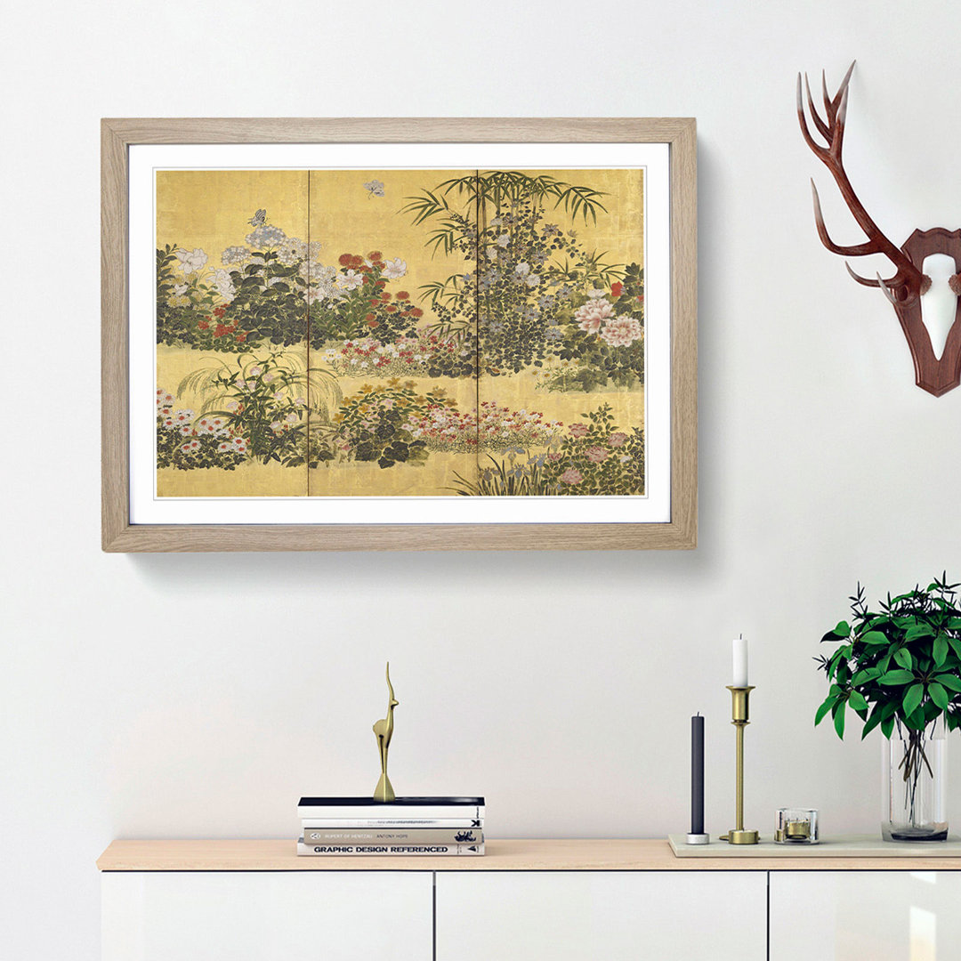 Flowers and Butterflies by Tawaraya Sotatsu - Framed Print