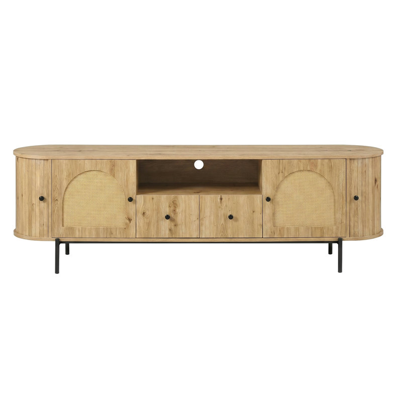  Meuble télé 70,9 po de style Mid-Century, pouvant accueillir un téléviseur de 75 po ou moins, avec console média en rotin et portes arquées avec tiroirs