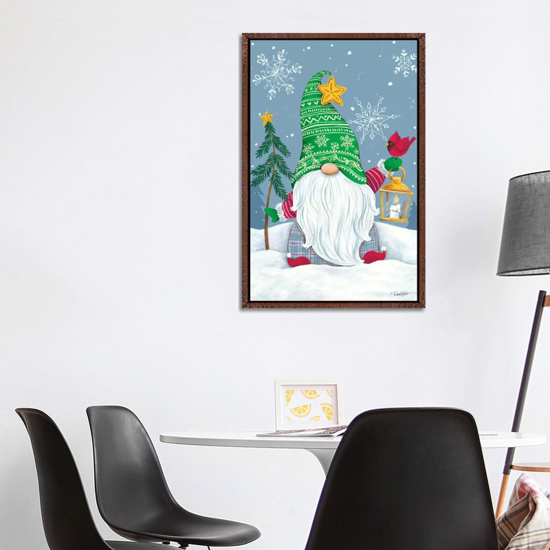 Snowy Gnome With Lantern by Diane Kater - Print on Canvas, 101.6 cm H x 66.04 cm W, Classic Brown Wood Framed