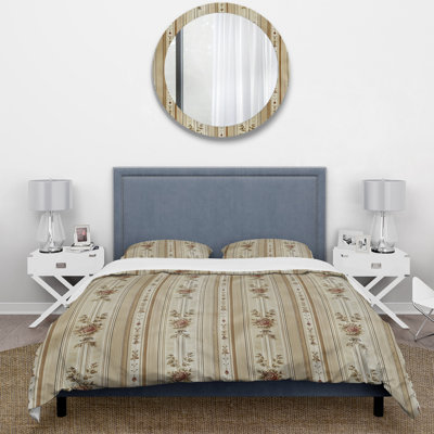 Beige White Flower Pinstripe Print II - Traditional Duvet Cover Set