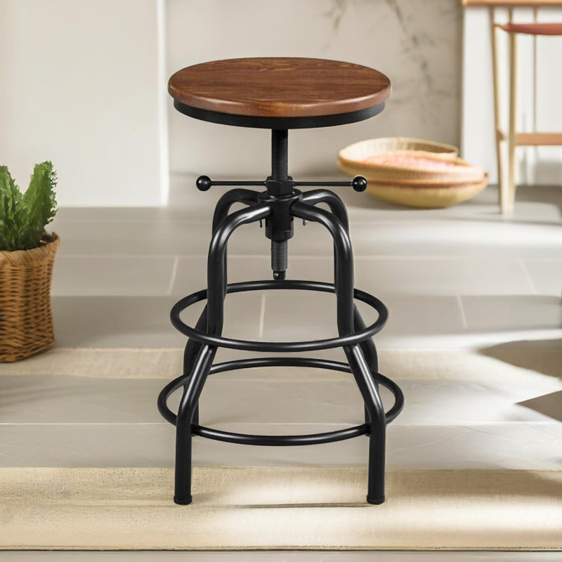 Oberstone Rustic Industrial Swivel Adjustable Height Stool - Metal Frame Kitchen Living, Brown