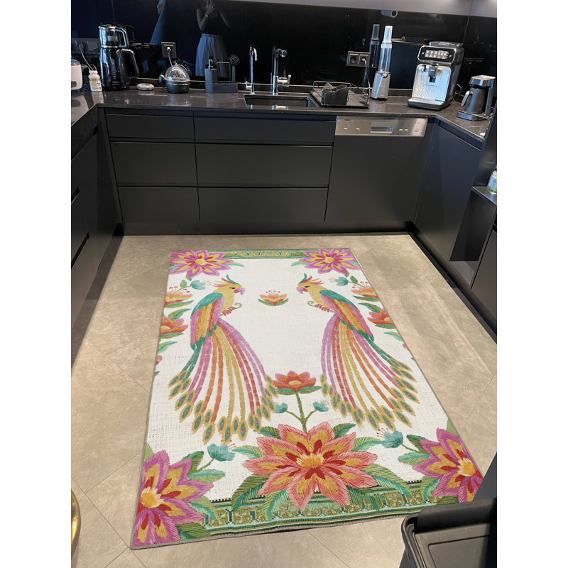 Tapis décoratif moderne multicolore à motif d'oiseaux et de fleurs, Rectangle 4 pi 7,12 po x 6 pi 6,74 po